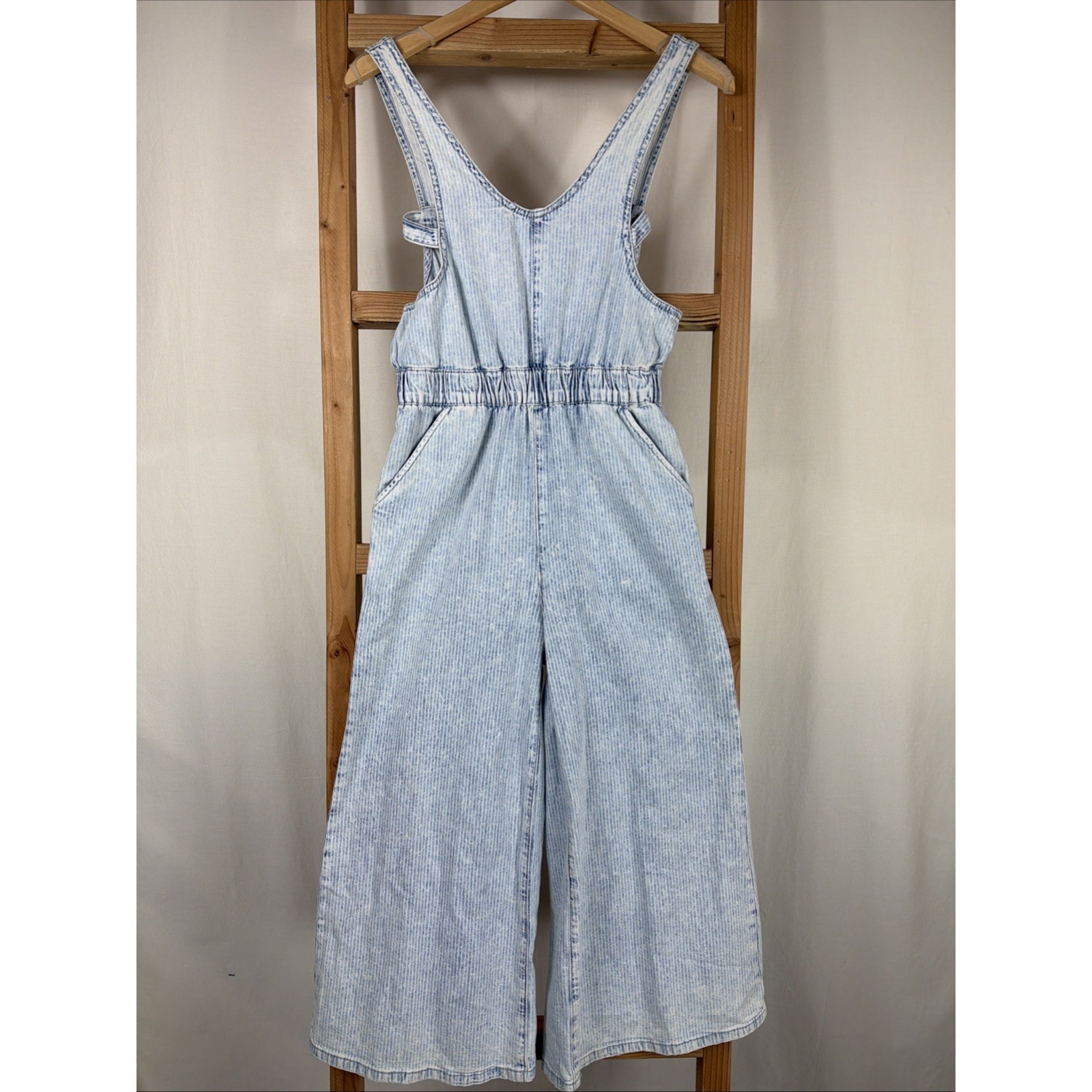 Nwt Dear John Blue Pinstriped Overalls Romper Sleeveless Cropped Jumper #1087 Xl